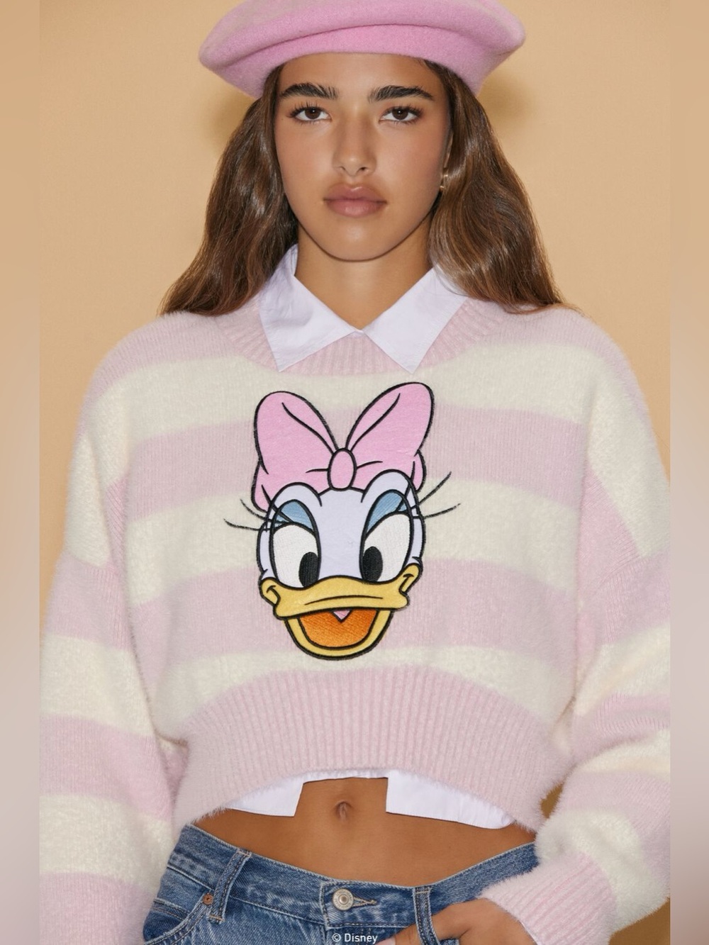 Disney Daisy Duck Cropped Fuzzy Fluffy Pink Stripe Sweater Forever 21 Sz M Rare